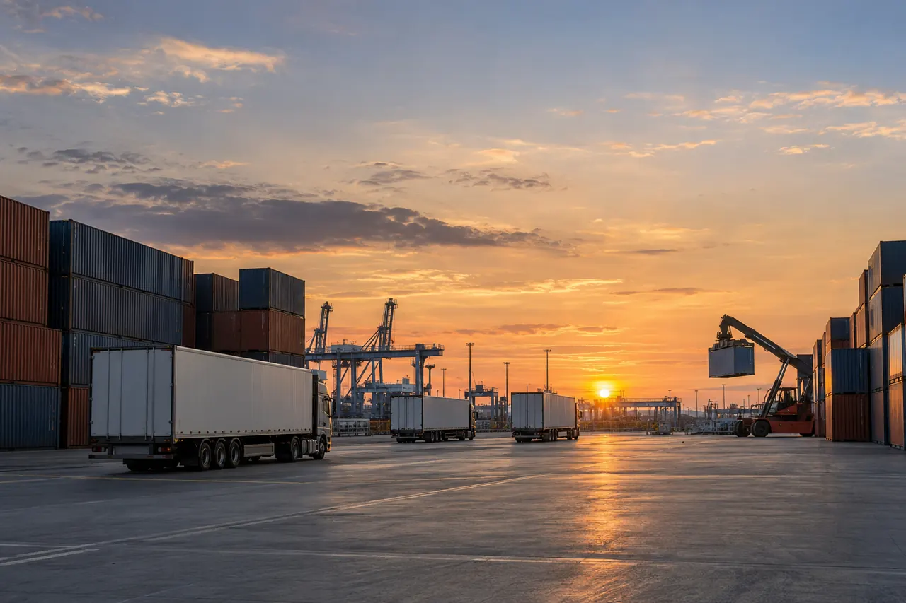 Remolques y contenedores alineados en una terminal de carga al caer la tarde.