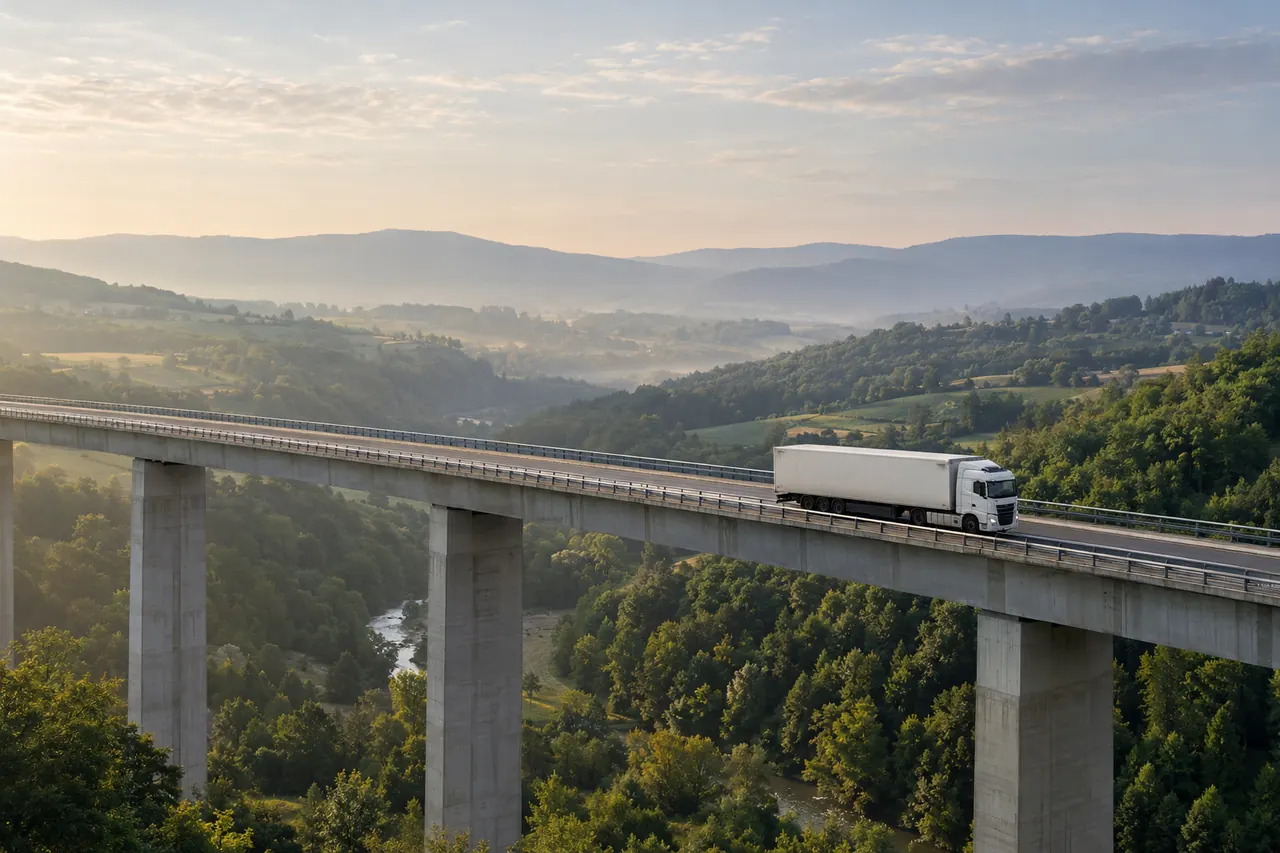 Un camión avanza por un viaducto largo tendido sobre un valle.