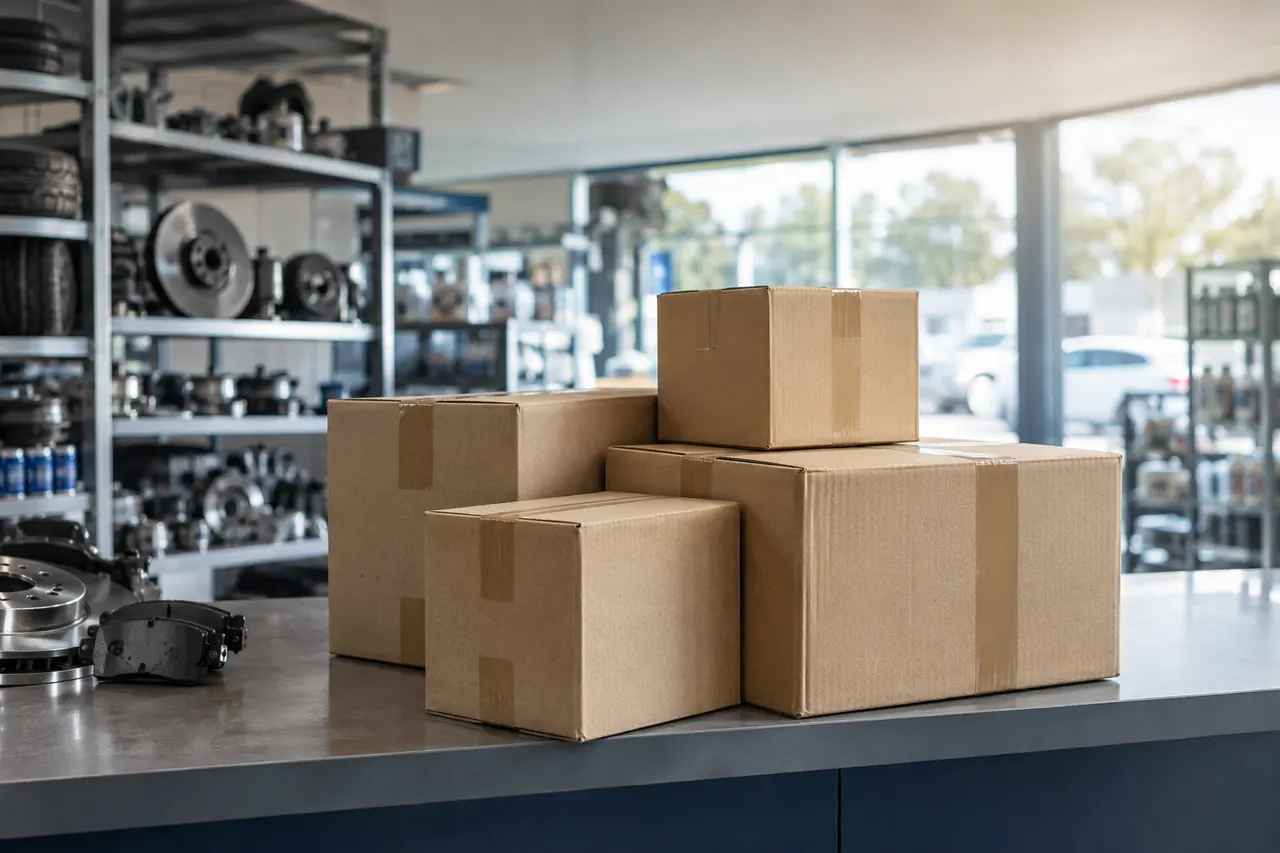 Cajas de varios tamaños, ya cerradas, esperan su turno sobre el mostrador de una tienda de recambios.