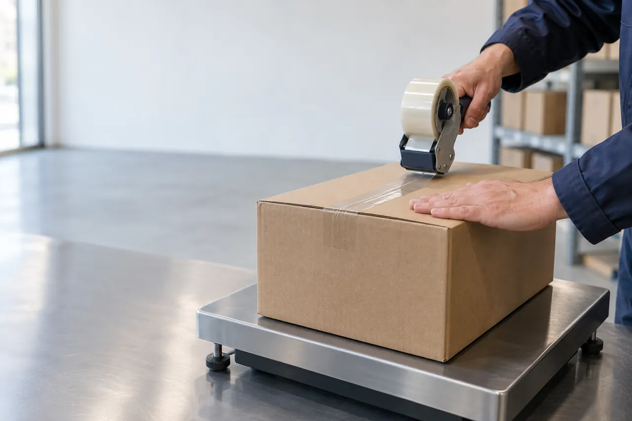 Unas manos cierran con cinta una caja de cartón colocada sobre una báscula.